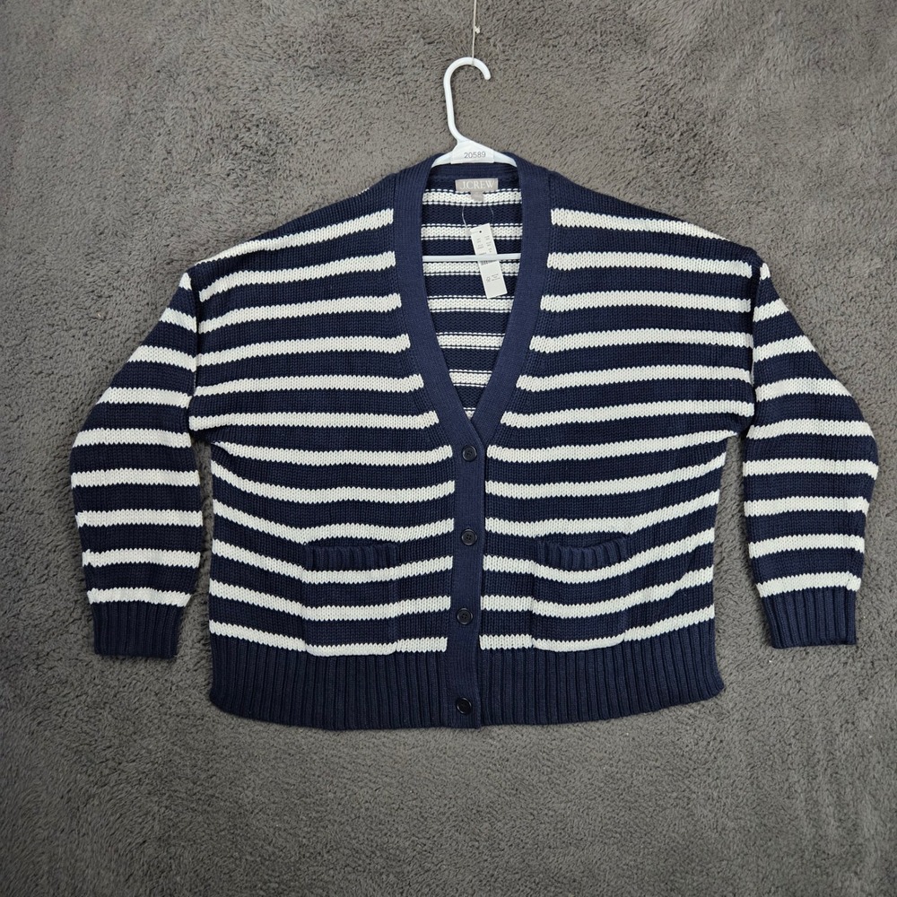 J. Crew Navy and White Striped Cotton Cardigan